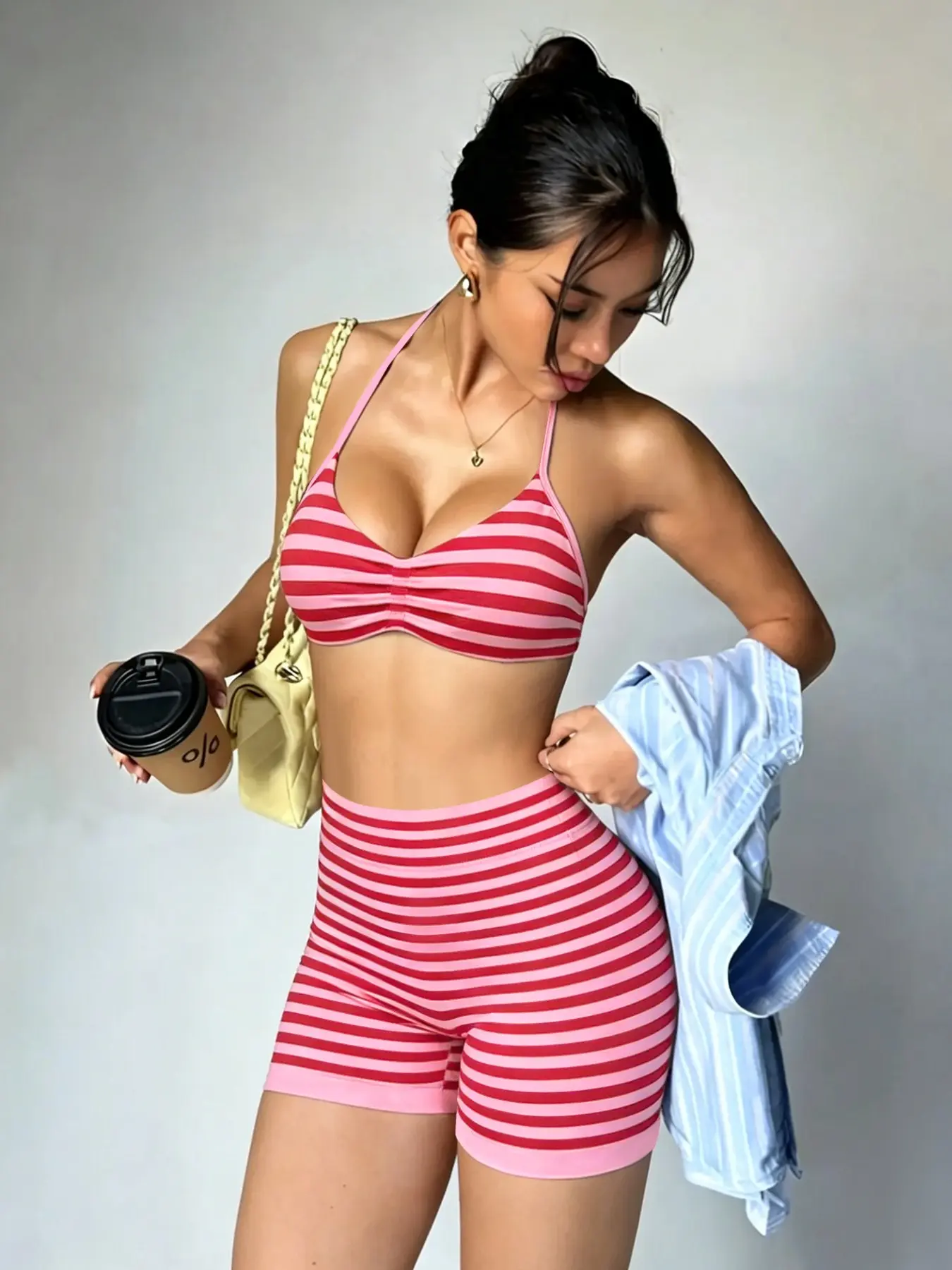 New Women's 2 Piece Activewear Set, Striped Halter Sports Top + High Waist Hip Lifter Shorts, for Yoga Fitness, Outdoor Cycling, Running, Gym Workout, Athleisure Activewear Clothing