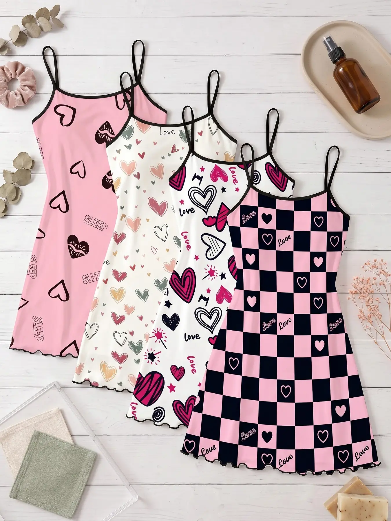 4-Pack Women's Strapless Nightdresses, Heart Print Sleepwear, Casual Fitted H-Type Design, All-Season Home Wear Essentials