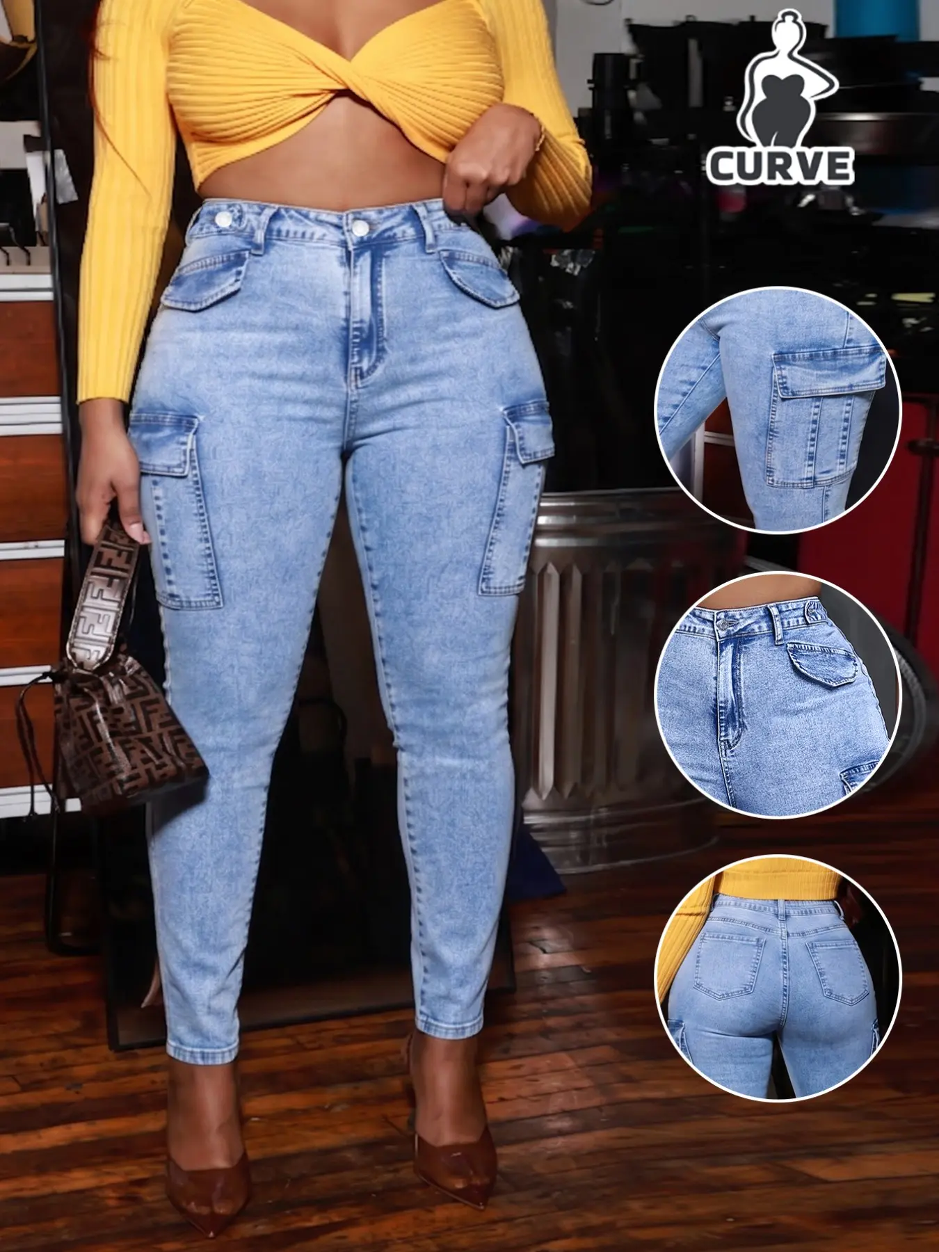 Plus Size Light Wash High Waist Tummy Control Jeans, 4-Way Stretch Cargo Jeggings, Y2K Streetwear for Campus, Skate Park, Brunch, Night Out, Casual Jeans