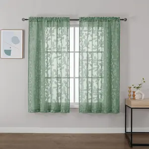 Sage Green Sheer Curtains 54 inches Long 2 Panels for Living Room, Jacquard Clip Leaf Pattern Textured Light Filtering Window Semi Sheer Voile Drapes for Bedroom, Each Panel 42 x 54 Inch