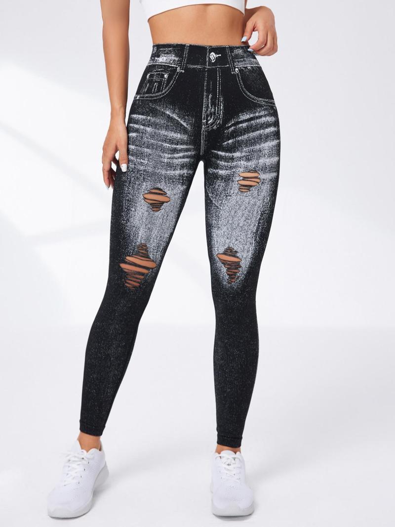 Women's Denim-Effect Print High Waist Sports Stretchy Leggings, Casual Comfy Cut Out Skinny Pants for Yoga Gym Workout Running, Ladies Sportswear Bottoms for All Seasons