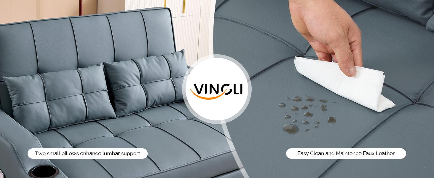 VINGLI Futon Sofa Bed Convertible Loveseat Sleeper Couch, Faux Leather Pullout Sofa Fold Out Couch Bed with USB Ports, Cup Holders, Armrest for Living Room, Bedroom Apartment Room