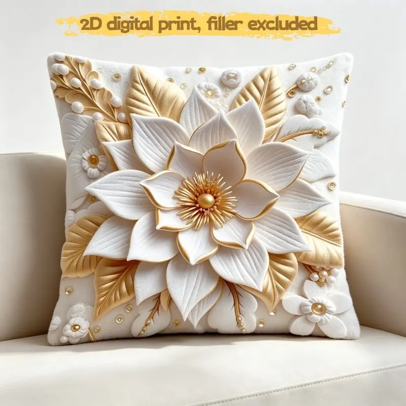 1 PC, Noble White & Gold Embossed Flower Cushion Cover, Soft Short Plush Fabric, Double Side Digital Print, Invisible Zipper Closure, 18 x 18 Inches Square Decor Pillow Cover, Ideal Wedding Housewarming Gift(Pillow Filler Not Included)
