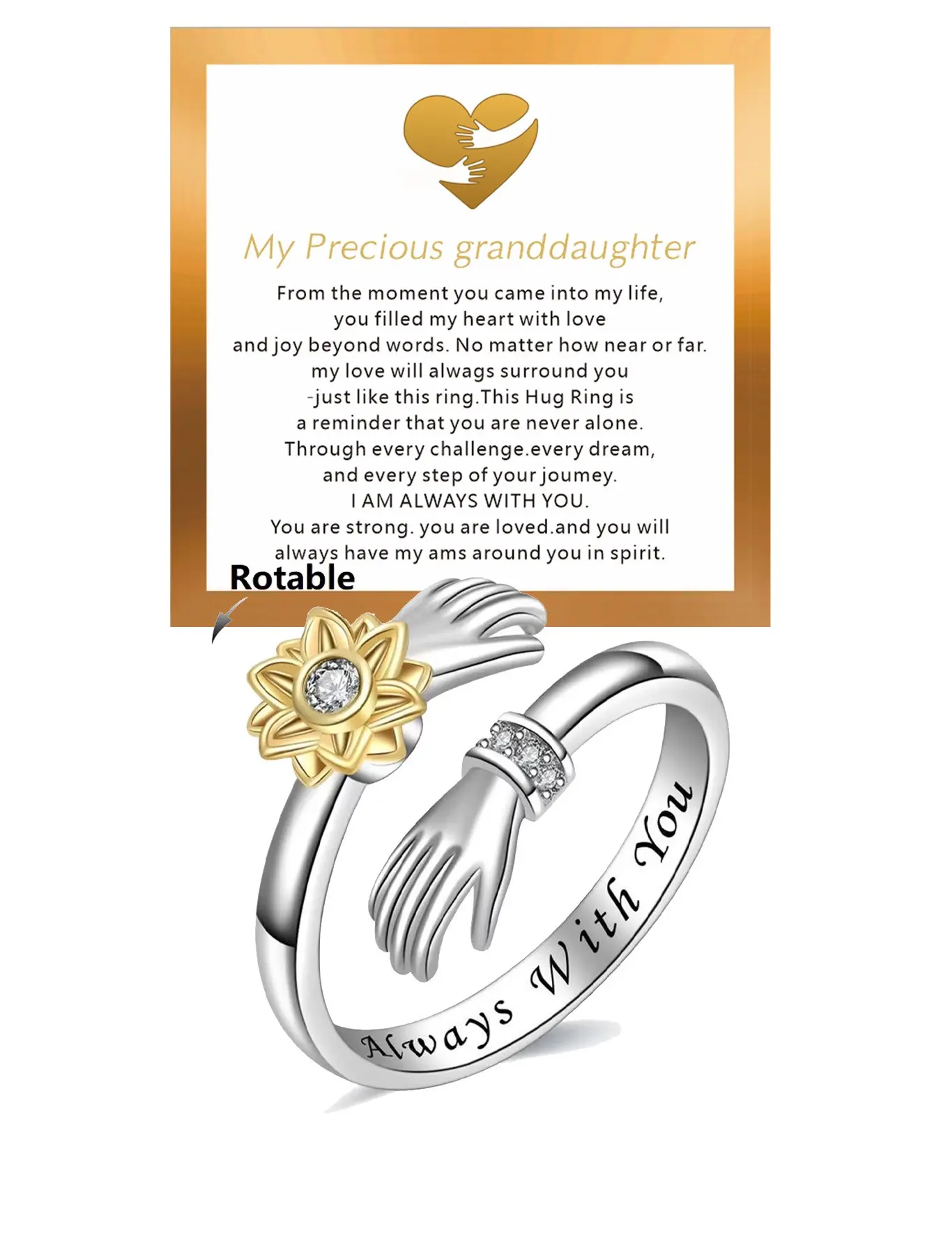 Granddaughter Hug Ring “Ring of Hope”, stainless steel anti-anxiety spinner ring engraved “Always With You, Always Love You”. Adjustable, fade-resistant inspirational jewelry, ideal birthday & Christmas gift for granddaughter.