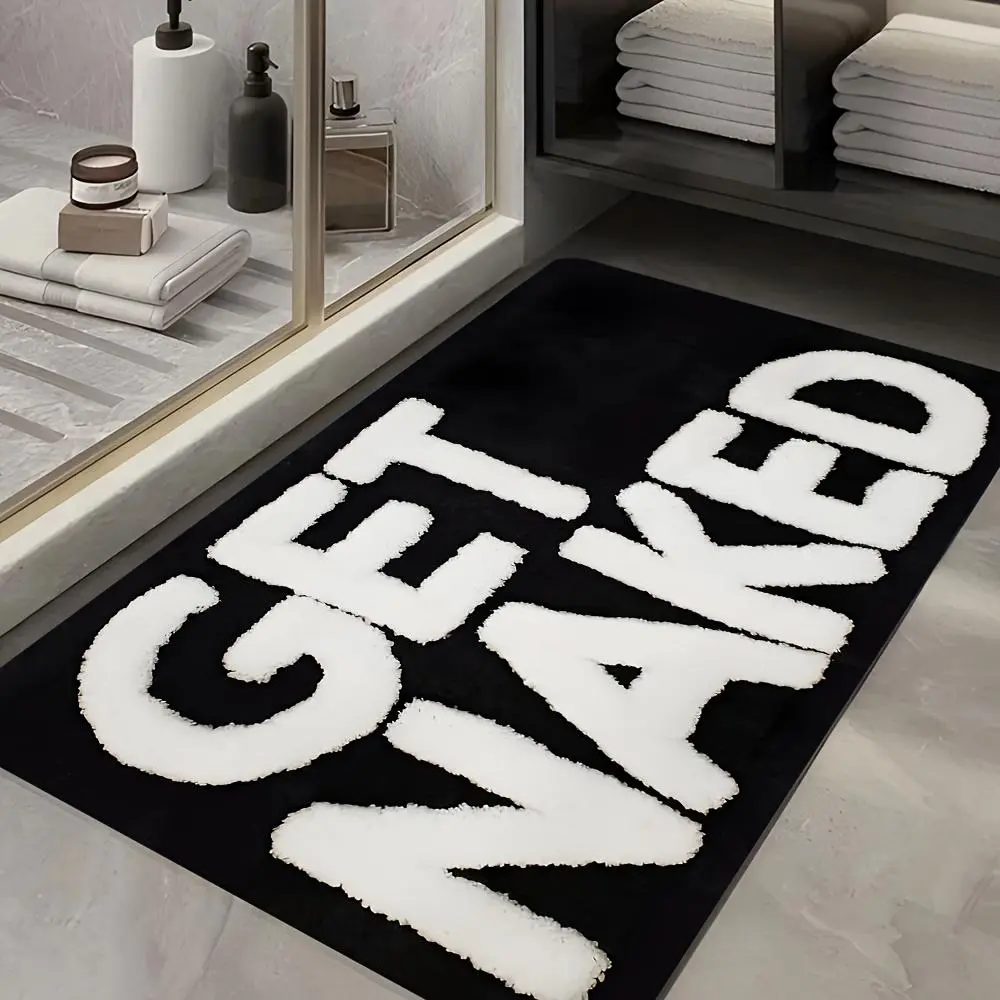 1pc Fun Bathroom Mat, Printed with Bold "GET NAKED" Text, Soft and Durable Flannel, Absorbent, Black and White Design - Suitable for Bathroom, Doorway, Indoor/Outdoor Use - Ideal for Bathroom, Living Room, Bedroom, Kitchen, Patio, and Laundry Room