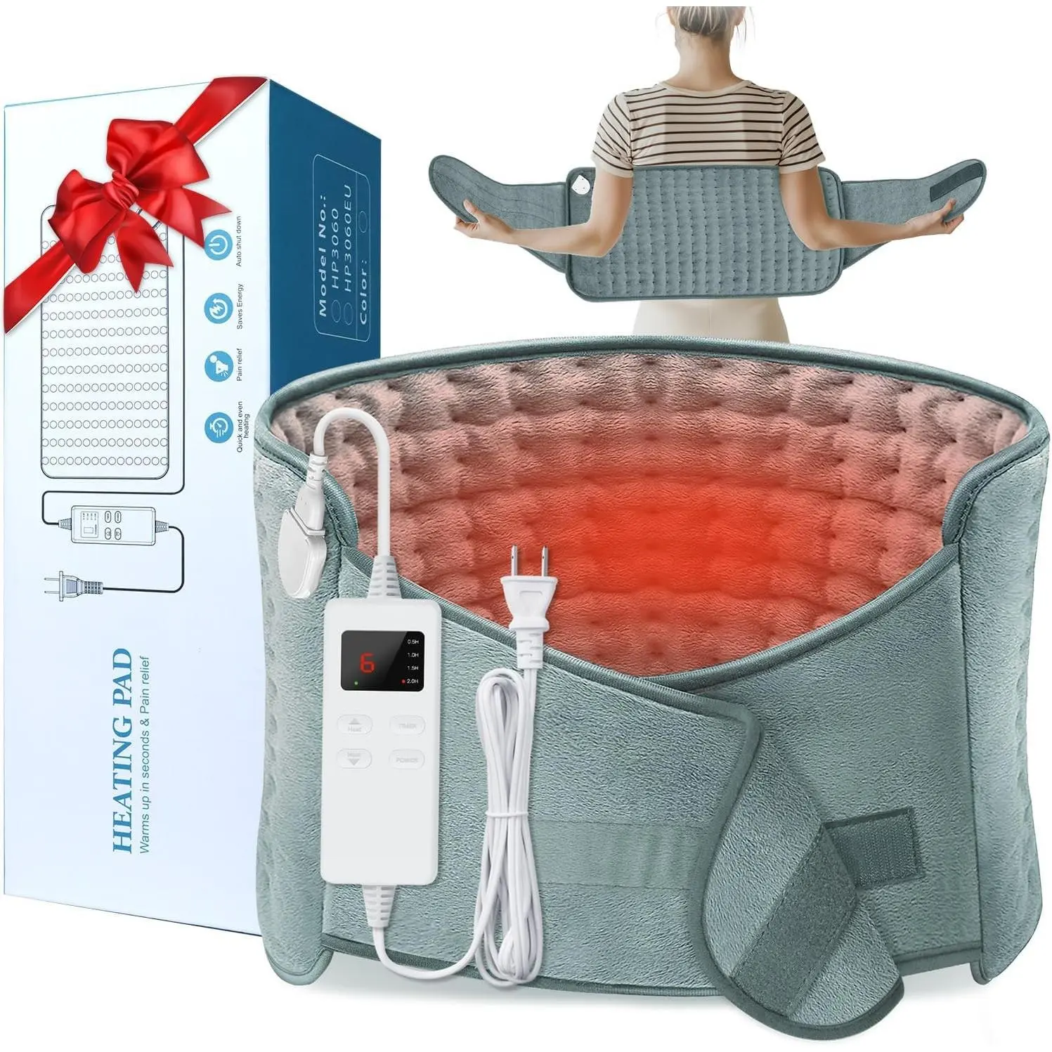 Heating Pad for Back Pain Relief, Electric Heating Pad for Period Cramps Neck Shoulders with Belt, 4 Timer 6 Heat Setting & Auto Shut Off, 12"x24"+20" Large Moist Heat Pad for Mom Dad