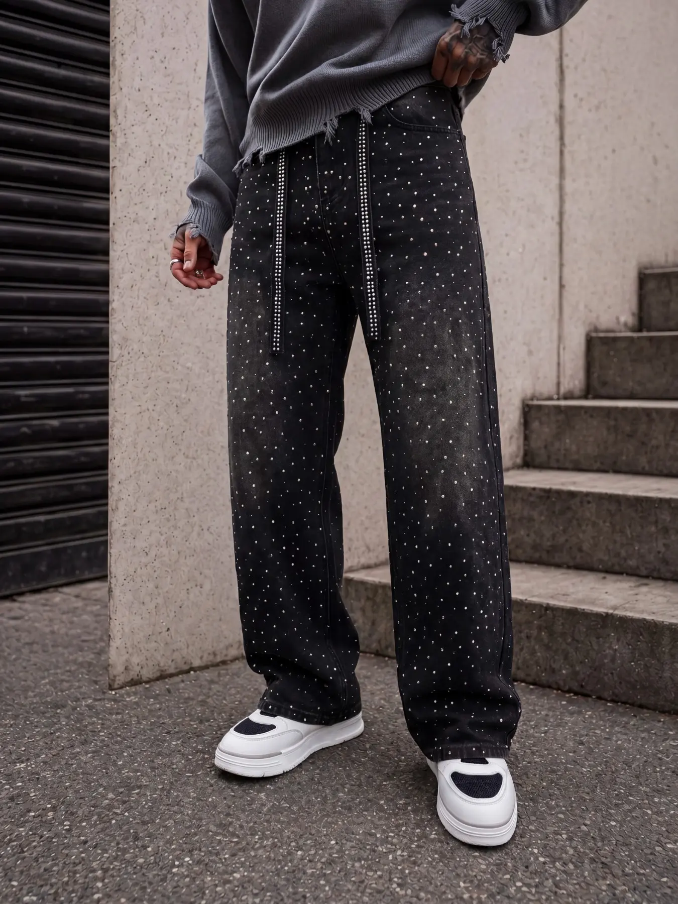Men's Full Rhinestone Covered Baggy Wide-Leg Rhinestone Decorated Jeans, Vintage Washed Black, Oversize Loose Fit Y2K Goth Skate Hip Hop Streetwear Casual Denim Pants For Young Men Menswear