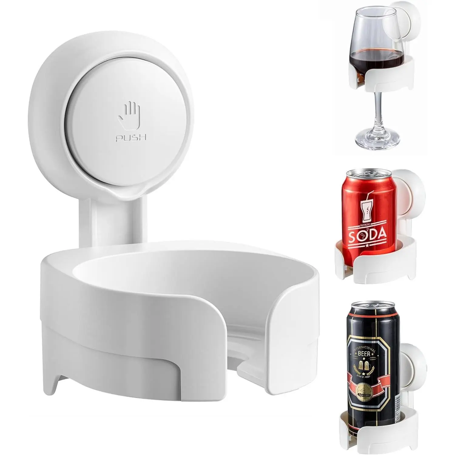 Suction Cup Shower Drink Holder for Beer, Wine, Waterproof Wine Holder for Shower, Removable Damage-Free Install, Fit Multi-Sizes Cups, White