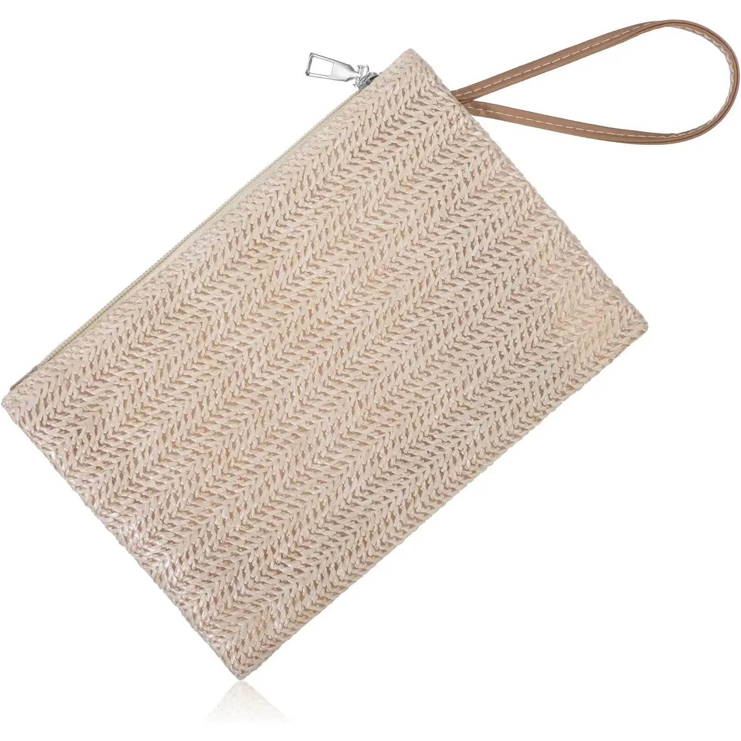 Womens Straw Clutch Bag, Hand-Woven Straw Pocketbooks, Bohemian Wristlet Bag, Straws Clutch Purse with Handle, Zipper Wristlet Wallets for Women Travel Work(White)