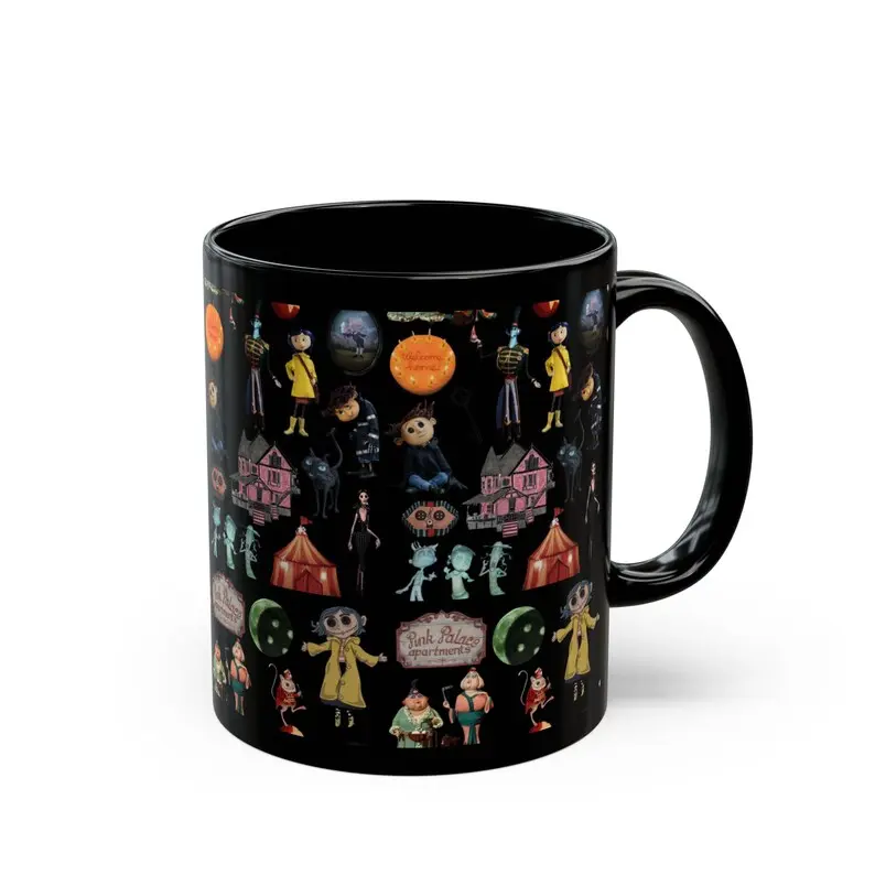 Black Ceramic 11oz Coraline Character Print Mug - Halloween Theme Dark Aesthetic Drinkware for Collectors
