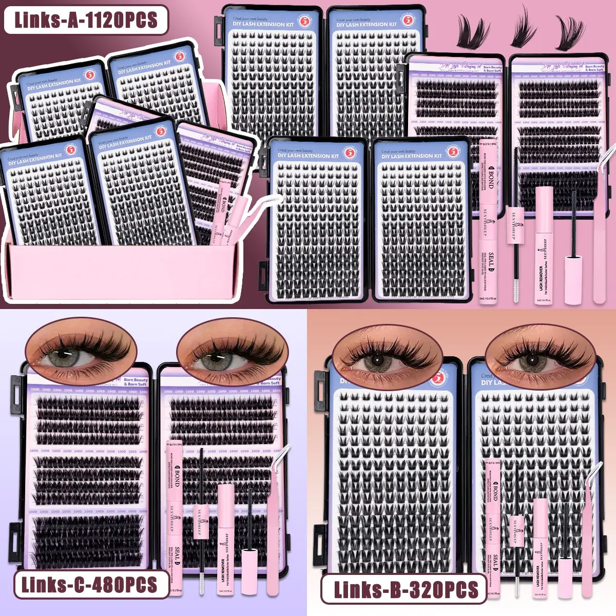 1120/480/320pcs Lash Clusters Kit,8-18 mm D Curl Bunny/Manga/Spiky Natural Volume Individual Eyelashes Book Set with Bond & Seal, and Remove, Perfect for DIY at Home for Women and Beginners