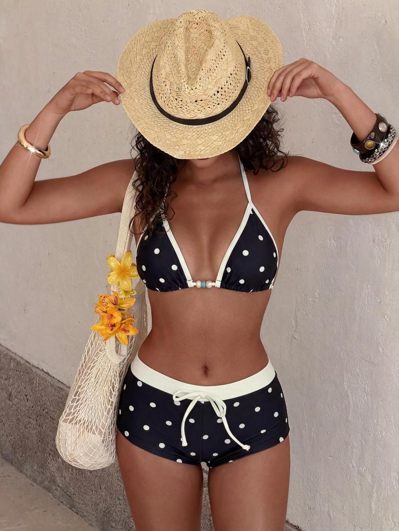 Women's swimsuit bikini set, vintage yellow polka dot print, classic color-blocking design, summer beach vacation wear