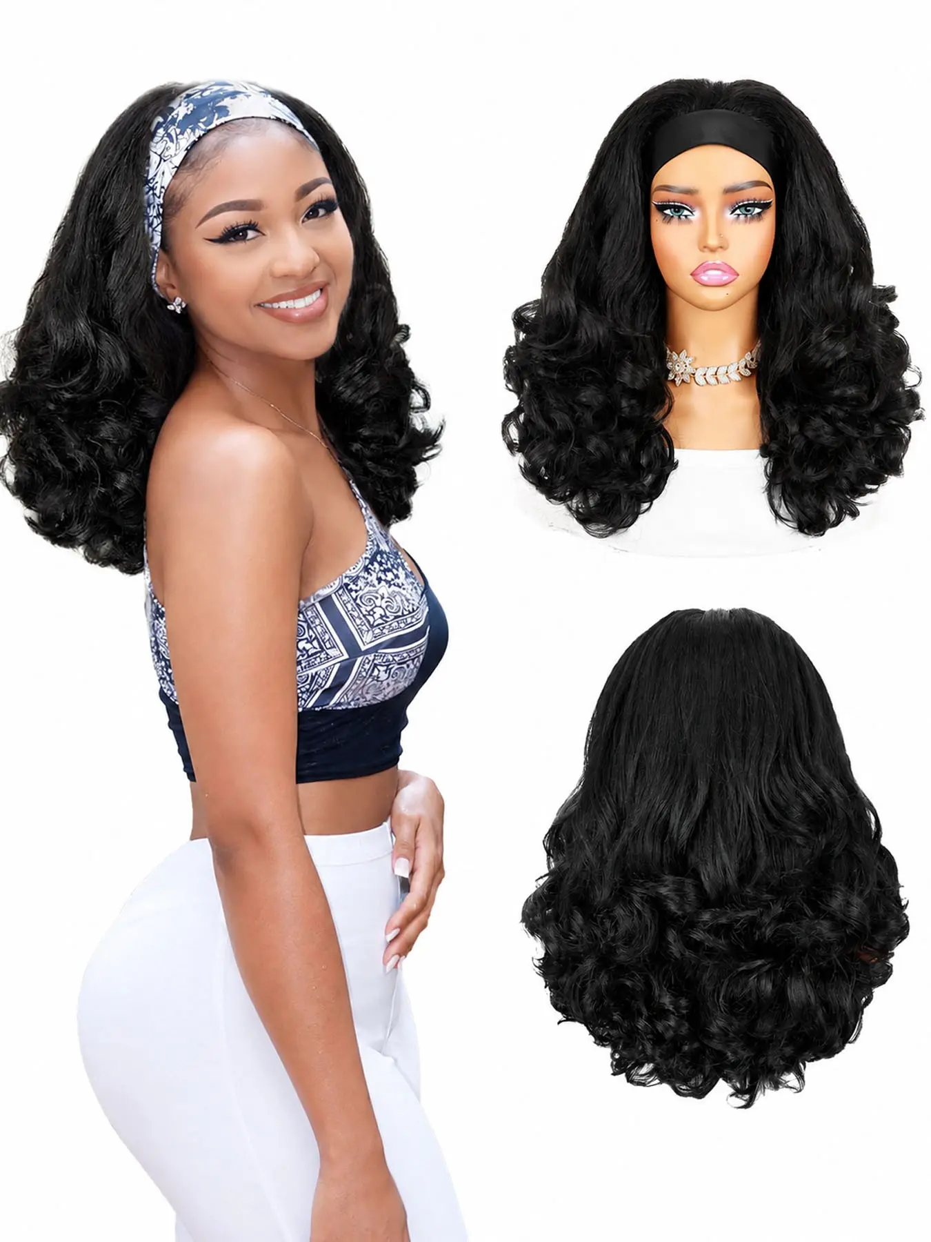 Curly Headband Wigs for Black Women - Kinky Straight Black Headband Curly Ends Synthetic Wear and Go Glueless Half Wig