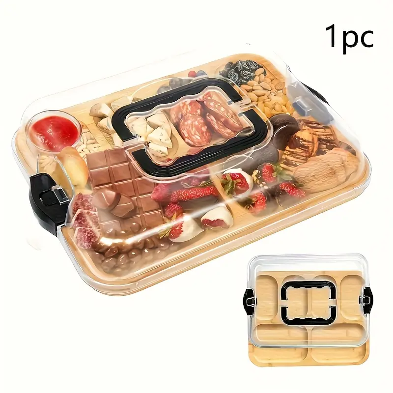 2-in-1 Portable Charcuterie Board with Clear Acrylic Snap-On Lid, Cheese Serving Tray Doubles as Cutting Board, Snack Platter Organizer for Camping, Party, Restaurant & Holiday Appetizers