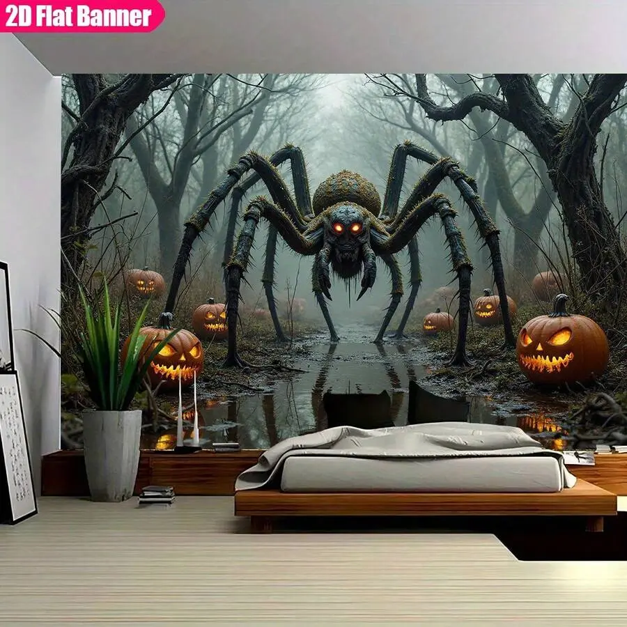 Multicolor Lightweight 2D Fabric Halloween Photo Backdrop & Banner - Artwork of Large Spider, Glowing Pumpkins in Misty Forest, Festive Party Decoration for Indoor/Outdoor Use, Ideal Gift