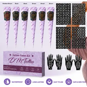 Plant Henna Temporary Tattoo Cream Set, Complete Kit with 6 Colors Hand Painting Paste & Assorted Hollow Stencils, Beginner-Friendly DIY Tattoo Paste, Waterproof Long-Lasting Multi-Pattern Body Paint for Parties and Cosplay