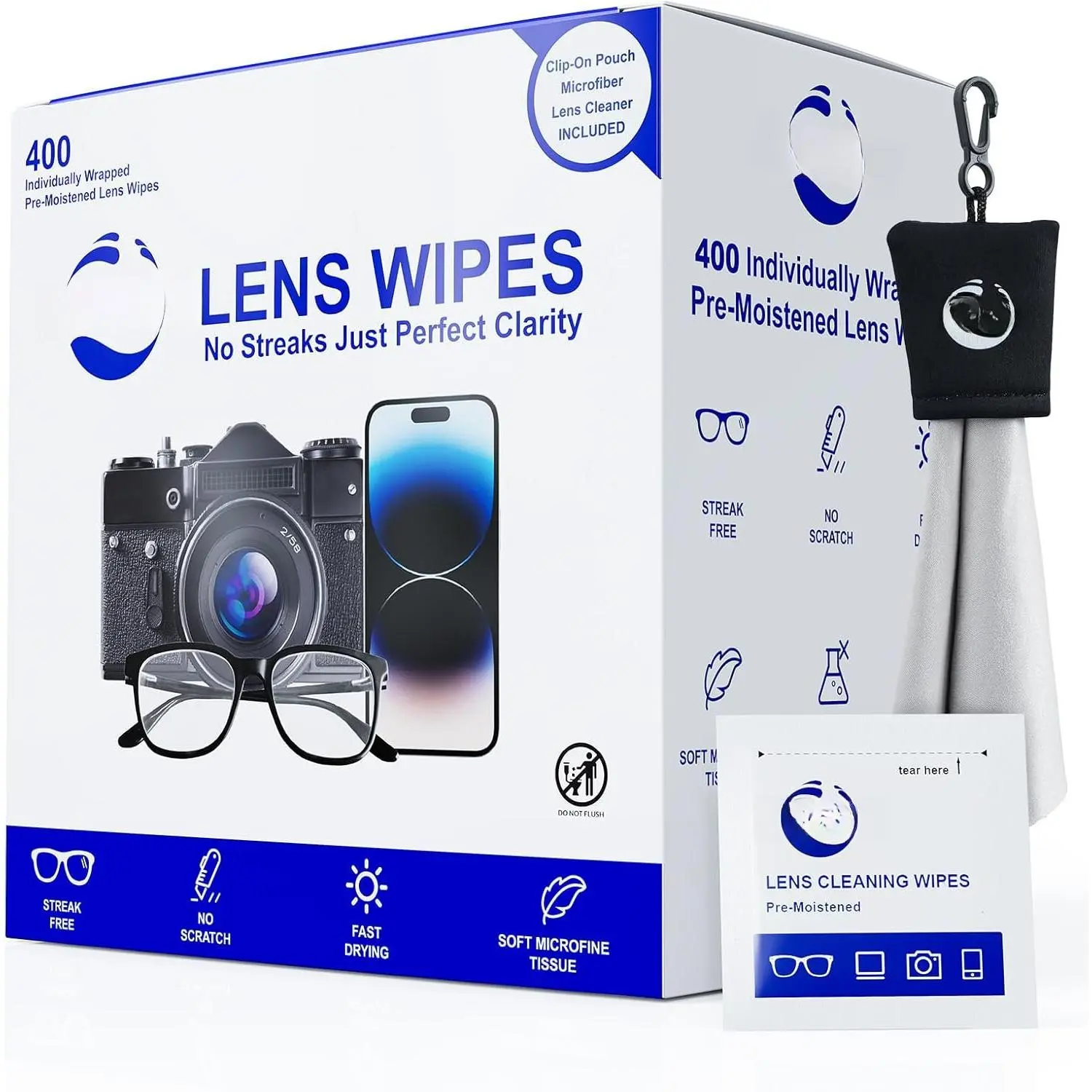 400 Count Lens Wipes for Eyeglasses, +1 Clip- Pouch Microfiber Lens Cleaner, Individually Wrapped Pre-Moistened Eye Glasses Cleaner Wipes for Glasses, Sunglasses, Camera Lenses, Streak-Free
