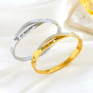 Roman Numeral Bangle Bracelet for Women,Gold Silver Stainless Steel Bracelet,Sparkly Rhinestone Jewelry Gift