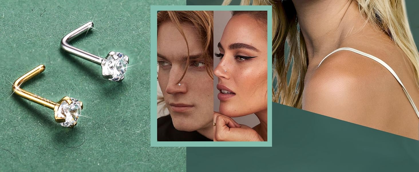 15Pcs 14K Gold Filled Nose Rings Studs 20G Surgical Stainless Steel L Shaped Nose Studs Genuine Opal CZ Nose Piercing Jewelry for Women Men