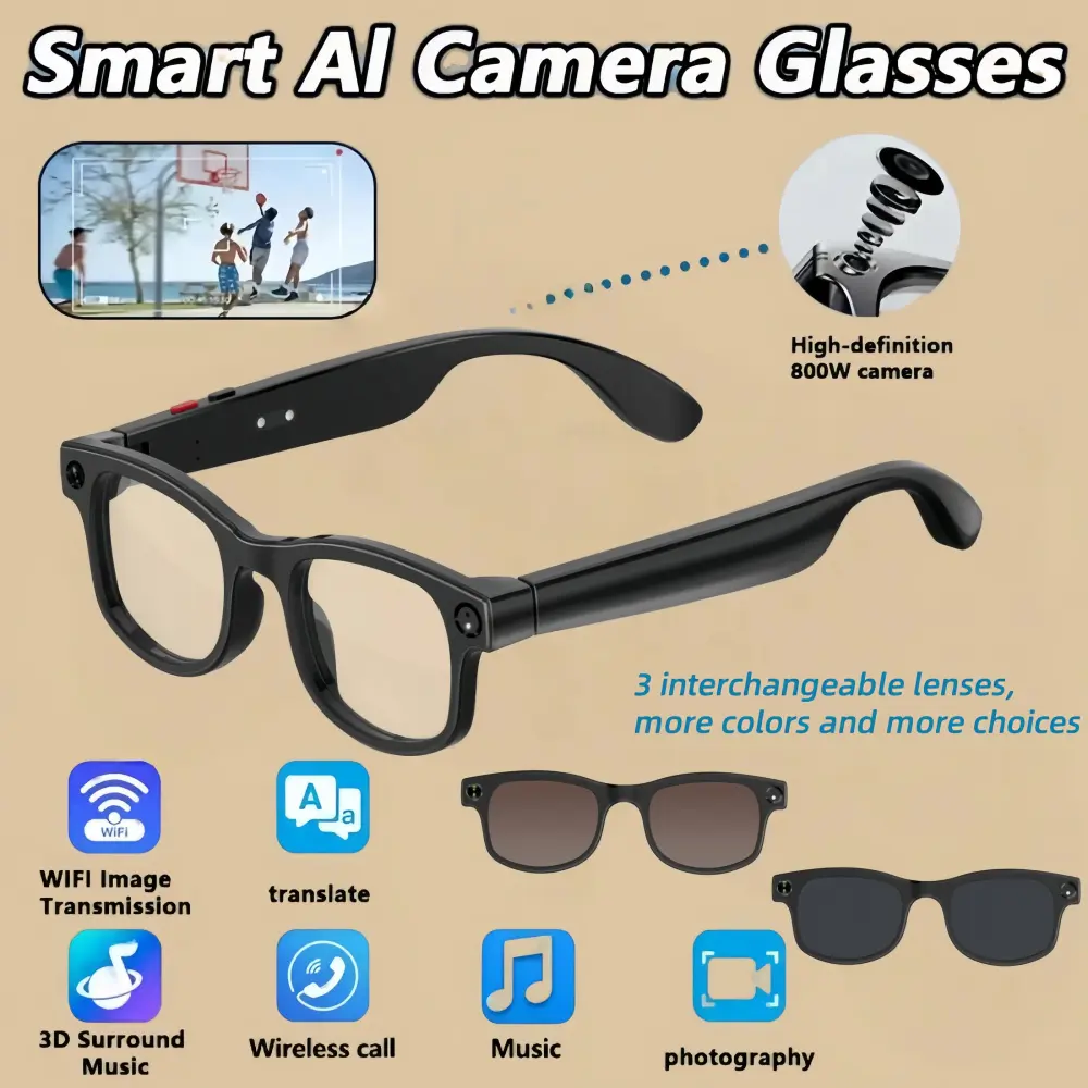 AI Smart Glasses with Camera, Bluetooth Calls, Music & Real-Time Translation – 3 Interchangeable Lenses (Clear, Sunglasses, Yellow) for Photos & Seamless Communication!Wearable Device
