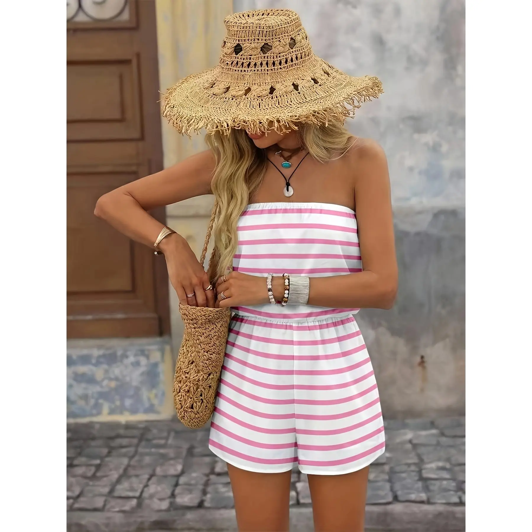 [Plus Size Jumpsuit] Plus Size Women's Blue and White Striped Tube Top Shorts Jumpsuit - Elegant and Romantic Vintage Summer Beach Vacation Outfit for Spring Holidays, Tropical Island Weddings, Anniversaries, Bridesmaid Parties, Date Nights, Wedding Guest