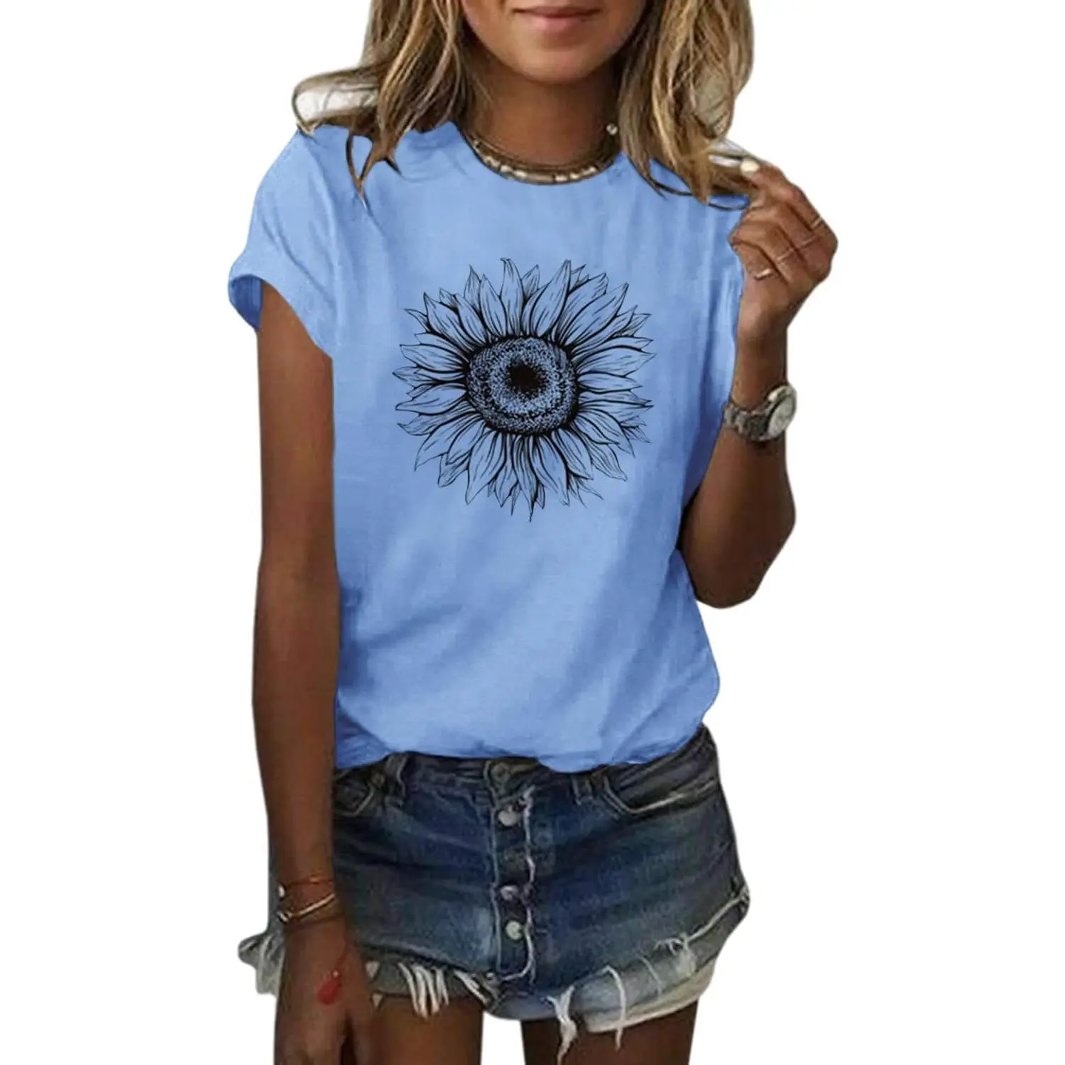 Women's 100% Cotton 180g Vintage Sunflower Graphic Oversized Shortsleeve T-Shirt - Blush Pink Crew Neck Light Breathable Loungewear, S-3XL Plus Size Basic Top, Holiday Casual, Paired With Denim/Skirts, Non-Peeling