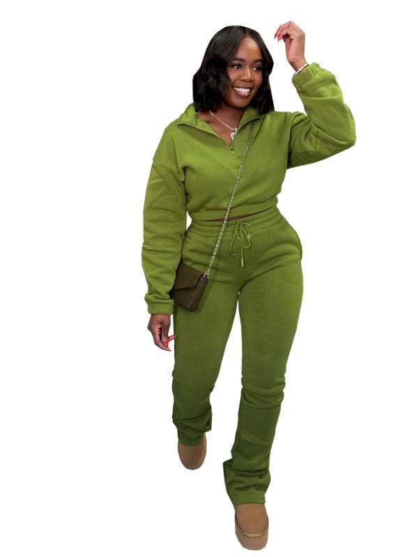 Women's Two-piece Zipper Half Collar Waist Cinched Fleece Sweatshirt Tied Rope Pants Set 2026 Autumn Slim Fit Tracksuit Set Crop Tops Flare Pants Set Fit  Tracksuit Set Drawstring Flare  Set Lounge Set with Flare Leggings Lounge Set with Bell Bottoms