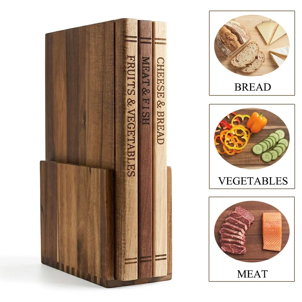Book Cutting Board Set of 3 with Stand, Space-Saving Decorative Wood Cutting Board Library, Sleek Laser-Engraved Labeled Boards for Vegetables, Meat, Cheese Unique Housewarming and Holiday Gifts