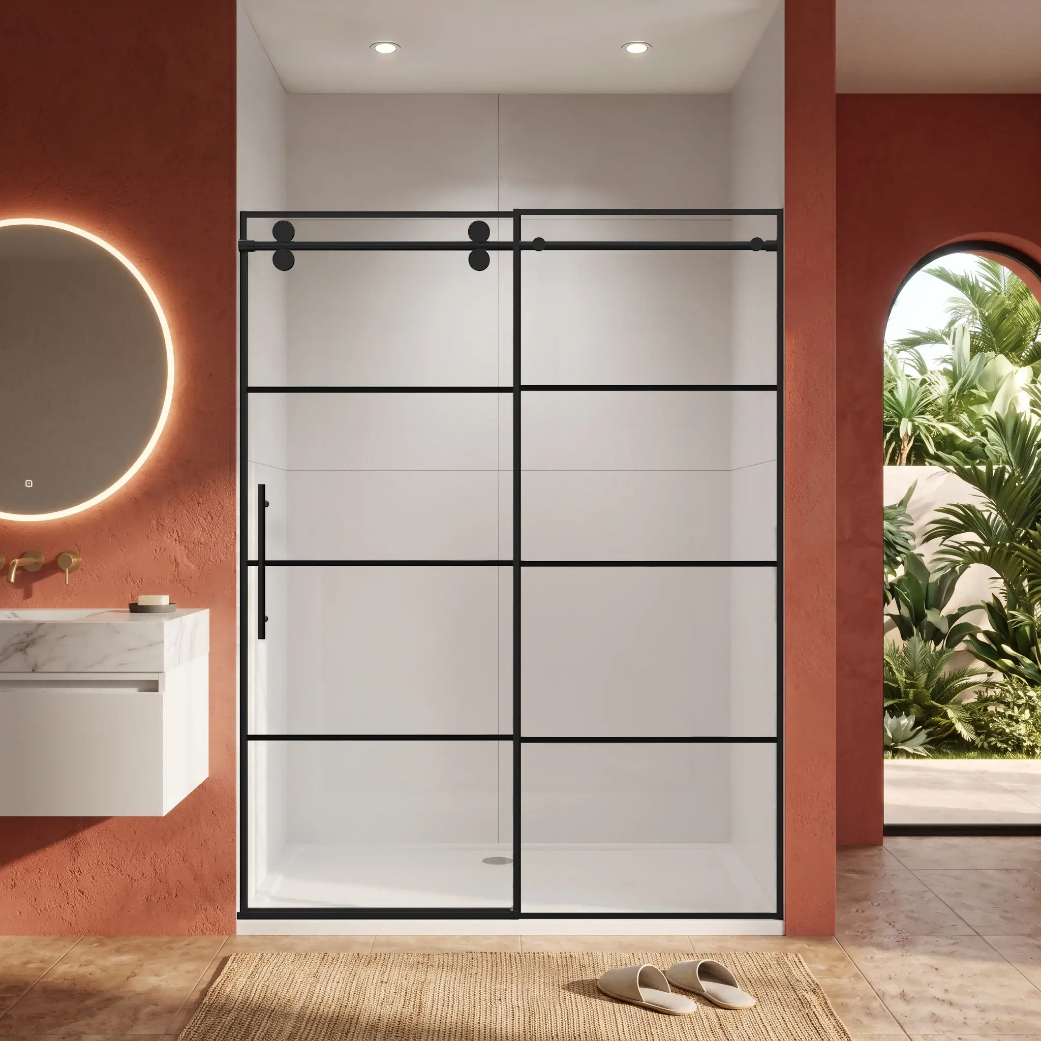 56-60"W x 72"H Frameless Grid Sliding Shower Door, 5/16"(8mm) SGCC Tempered Glass, Matte Black