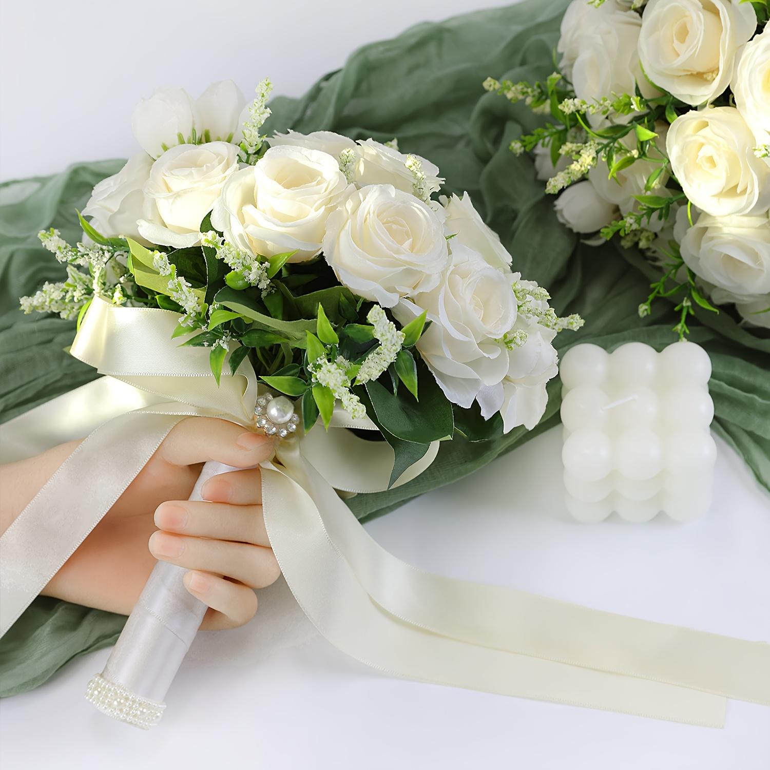 3-piece set of white rose wedding bouquets suitable for brides, elegant artificial rose boutonnieres suitable for grooms and groomsmen, wrist flowers for brides and bridesmaids, wedding decorations, wrist flowers for mothers, bridal shower hand-tossed bou