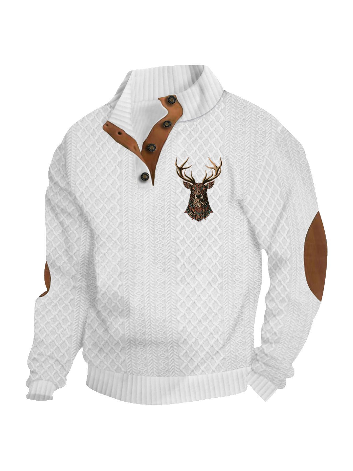 Men's Reindeer Print Patchwork Contrast Trim Jacquard Sweatshirt, Regular Fit Casual Comfy Long Sleeve Half Button Front Stand Collar Pullover for Spring & Fall, Fashion Men's Top for Daily Wear