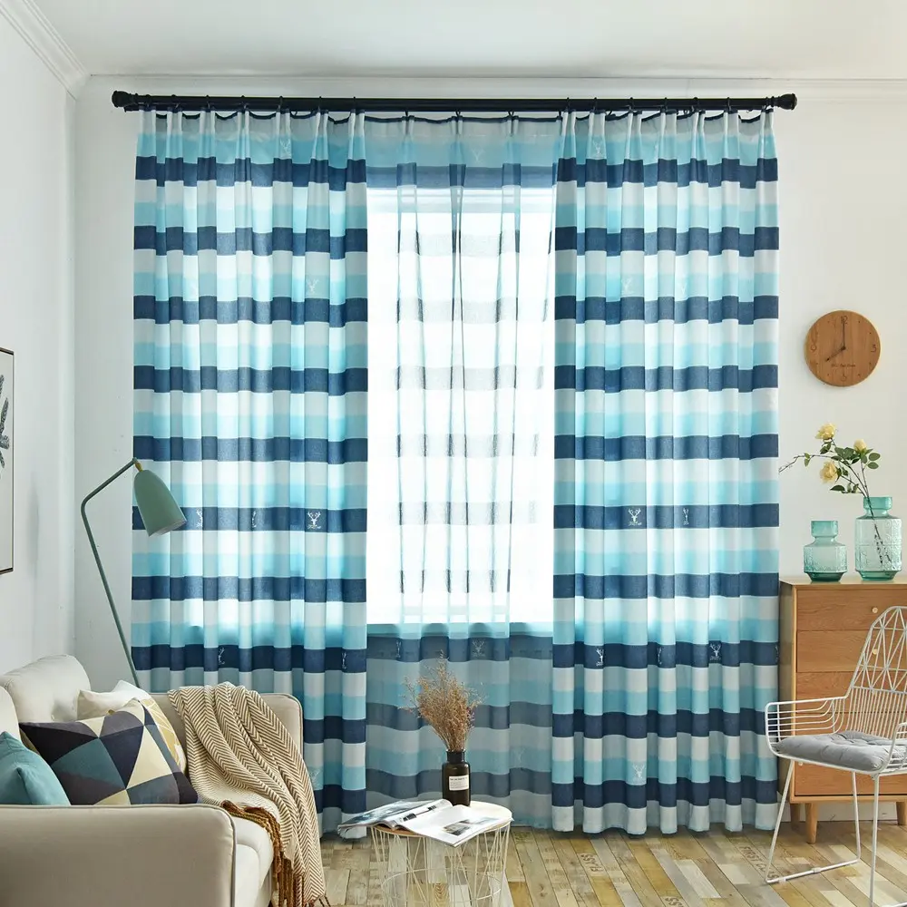 1pcs Mediterranean Style Striped Print Curtain, Living Room Bedroom Study Balcony Insulated Thermal Curtain, Decorative Window Treatment