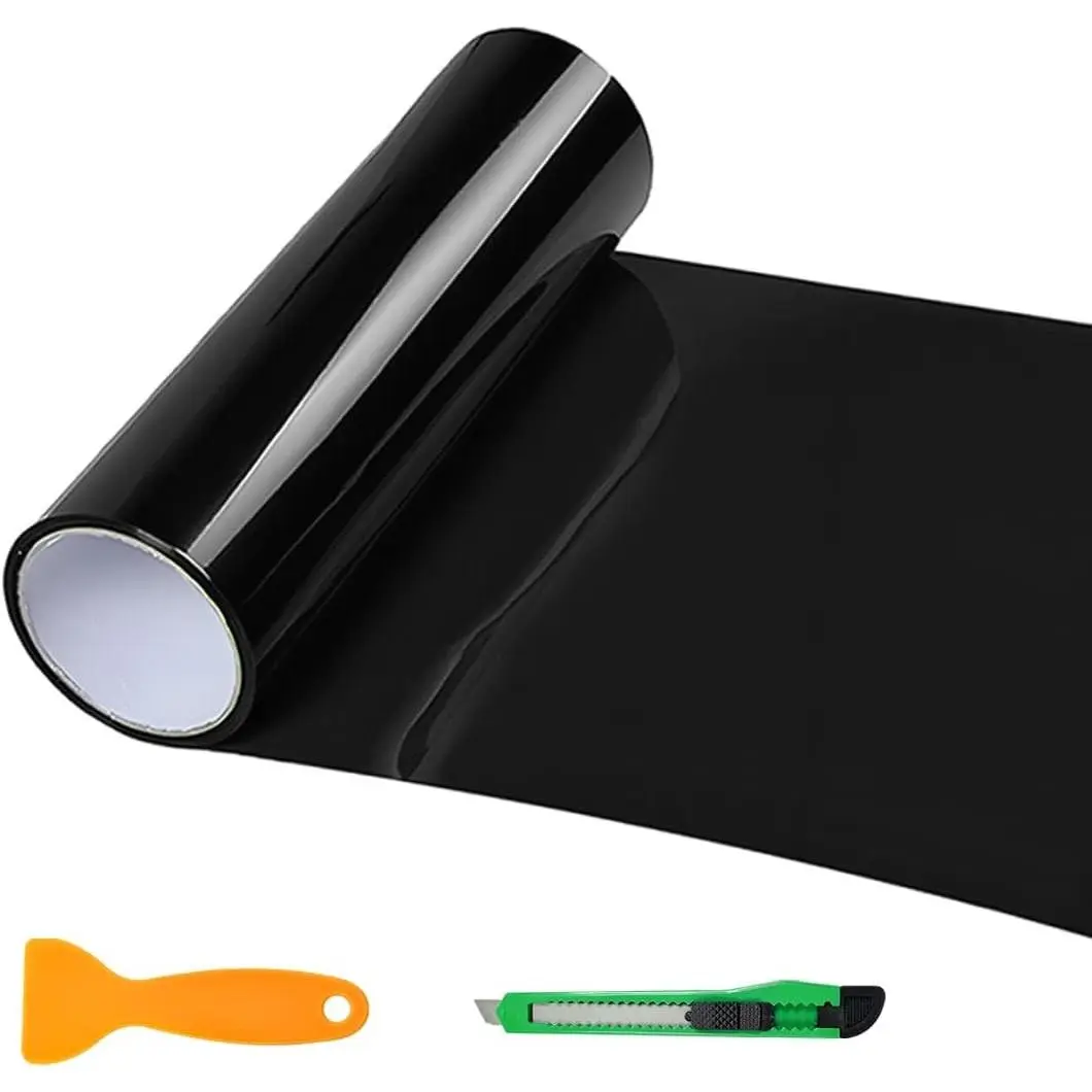 Car Headlight Tint Wrap, 12×48 in Waterproof Vinyl Film Roll with Squeegee & Cutter, Dark Black Sticker for Headlights, Fog Lights