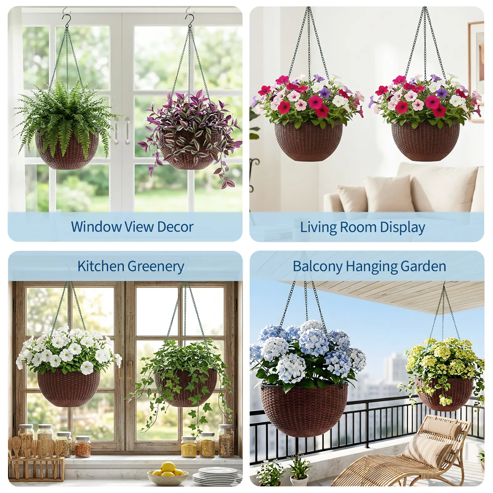 GAOMON Self-Watering Hanging Flower Basket Set – Large Rattan-Style Outdoor Planters with Drainage Plug, Metal Triple-Chain Hanger, Durable Plastic Pots for Garden, Patio, Balcony – White