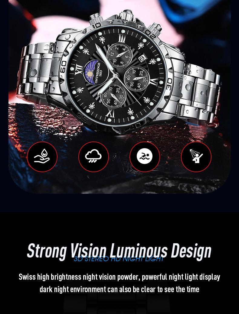 Men's Luxury Moon Phase Quartz Watch - Stainless Steel Wristwatch with Date, Chronograph Subdials, Diamond Markers, Luminous Hands, Classic Business Dress Watch for Men, Perfect Gift for Husband Dad