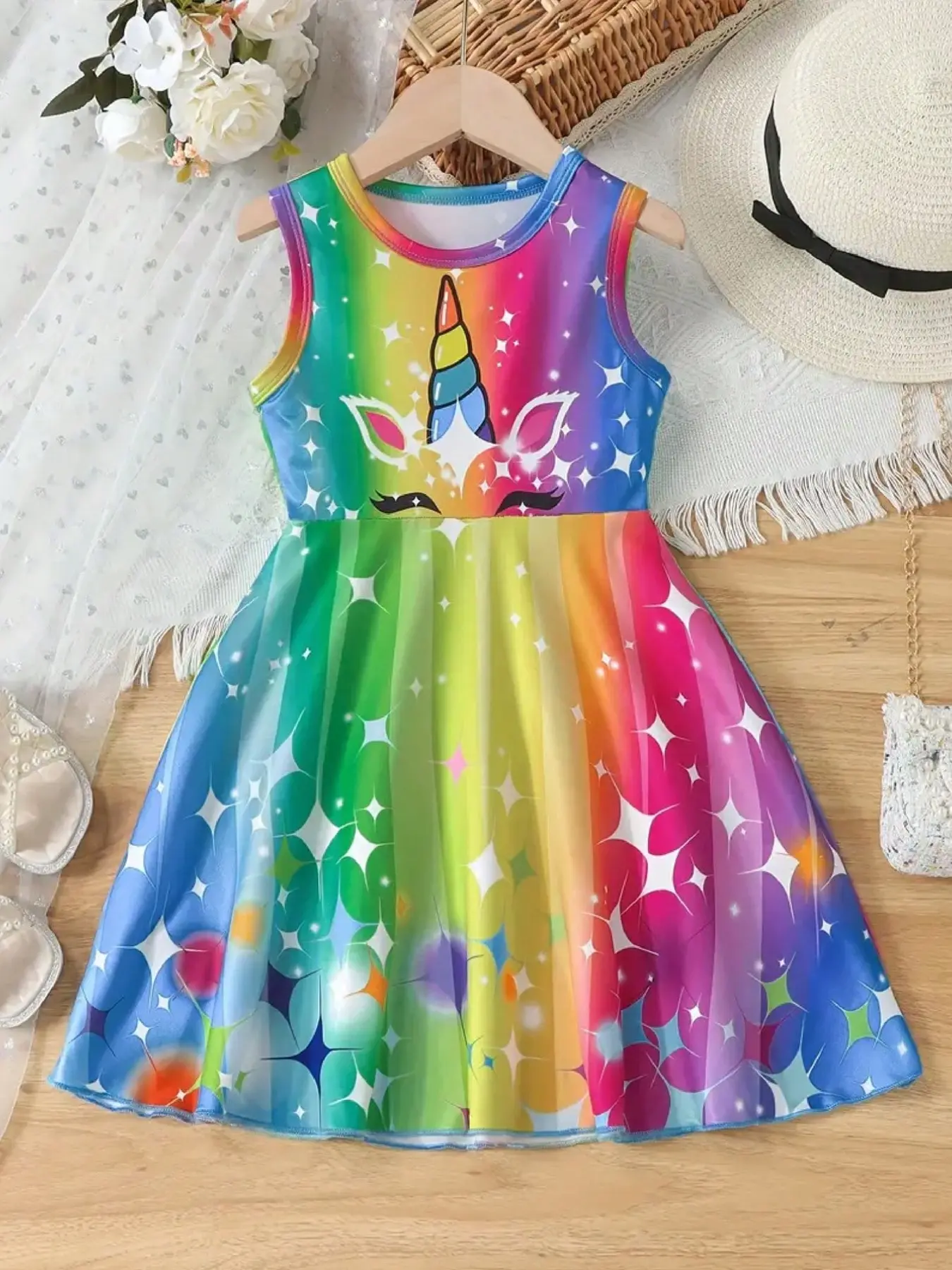 Vibrant Rainbow Star Unicorn Print Dress for Girls, Loose-Fitting Sleeveless Swing Dress, Casual Chic Aesthetic, Easy-Care Soft Material