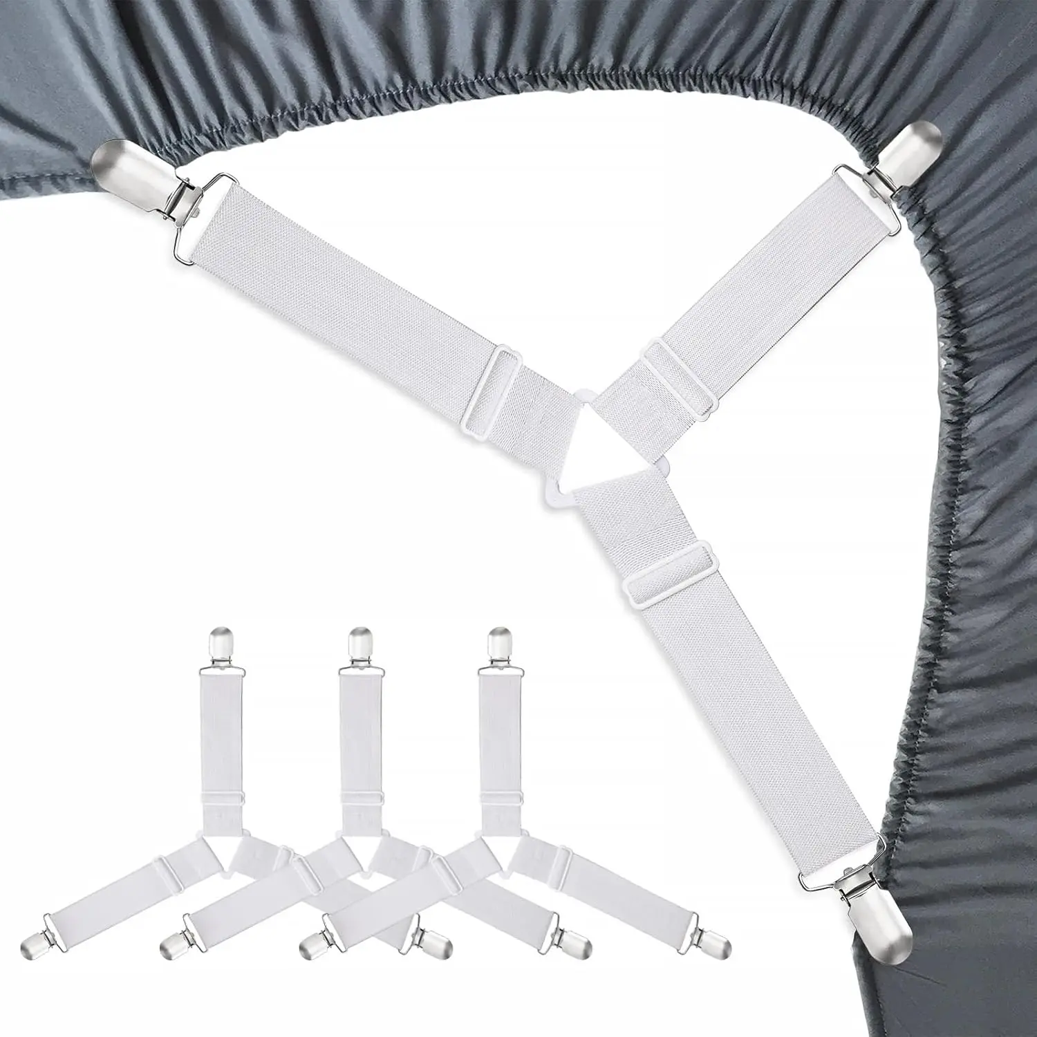 Sheet Fastener Elastic Bands - Triangle Shape Extra-Widened Nylon Straps, Triple Grip, Hassle-Free Installation Set of 8 for Fitted Sheets, Bedside Use