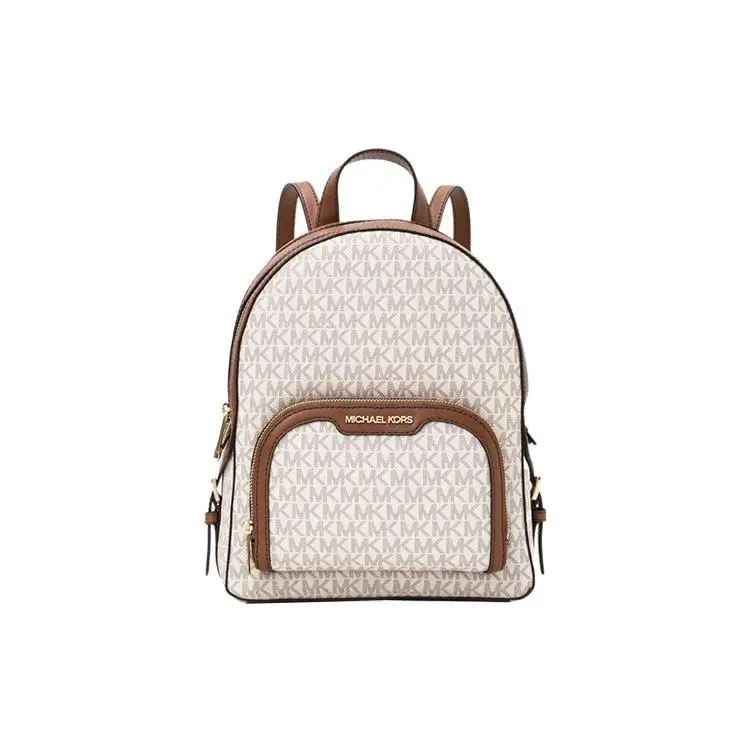 Michael Kors MK Jaycee Classic Monogram Coated Canvas Backpack with Leather Trim for Women, Vanilla and Brown