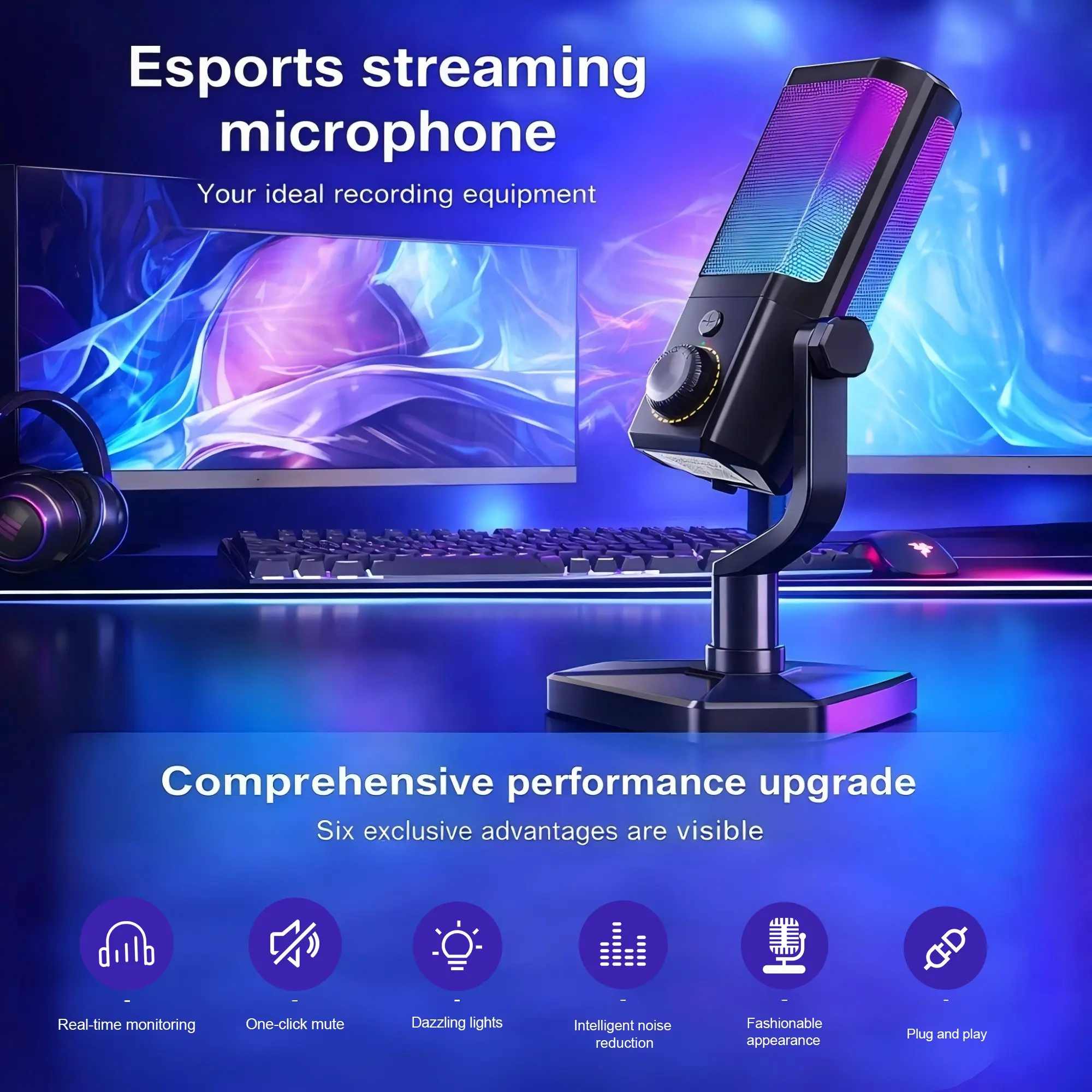 RGB Colorful LED Gaming Microphone, USB Computer Mic for Live Streaming, 4 Light Modes, 14mm Condenser, Dsp Noise Reduction, Plug & Play, Cross-Platform Compatible