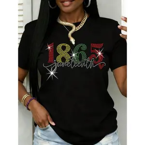 1865 Juneteenth Rhinestone T Shirt Black Celebrate Freedom And Heritage Perfect For Juneteenth Events And Cultural Pride Suitable For Casual And Active Wear