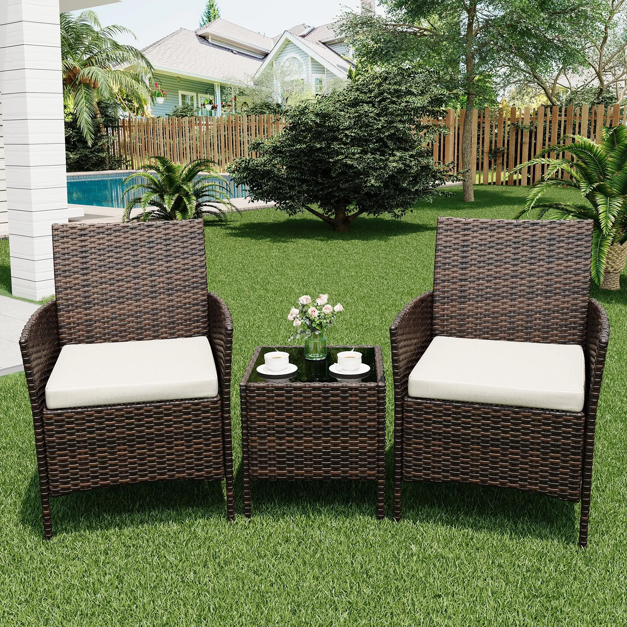 3 Pieces Patio Furniture Set, Modern Outdoor Bistro Set with 2 Chairs & Glass Side Table for Balcony & Small Spaces