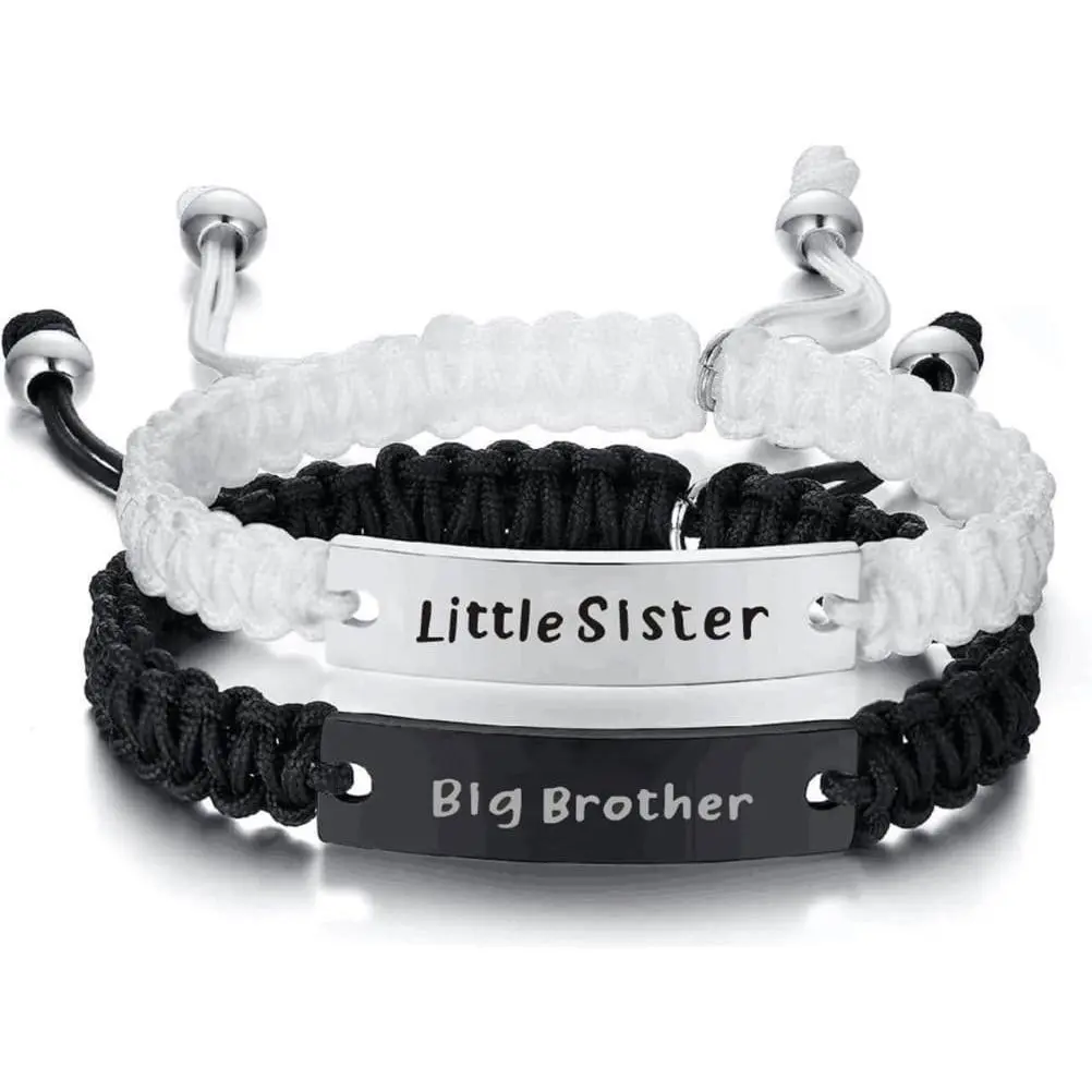 Personalized Couple His Hers Matching Bracelets for Women Family Sister BFF Mother Dad Father Relationship Bracelet Black White Rope Woven Braided Adjustable Bracelets for Graduation