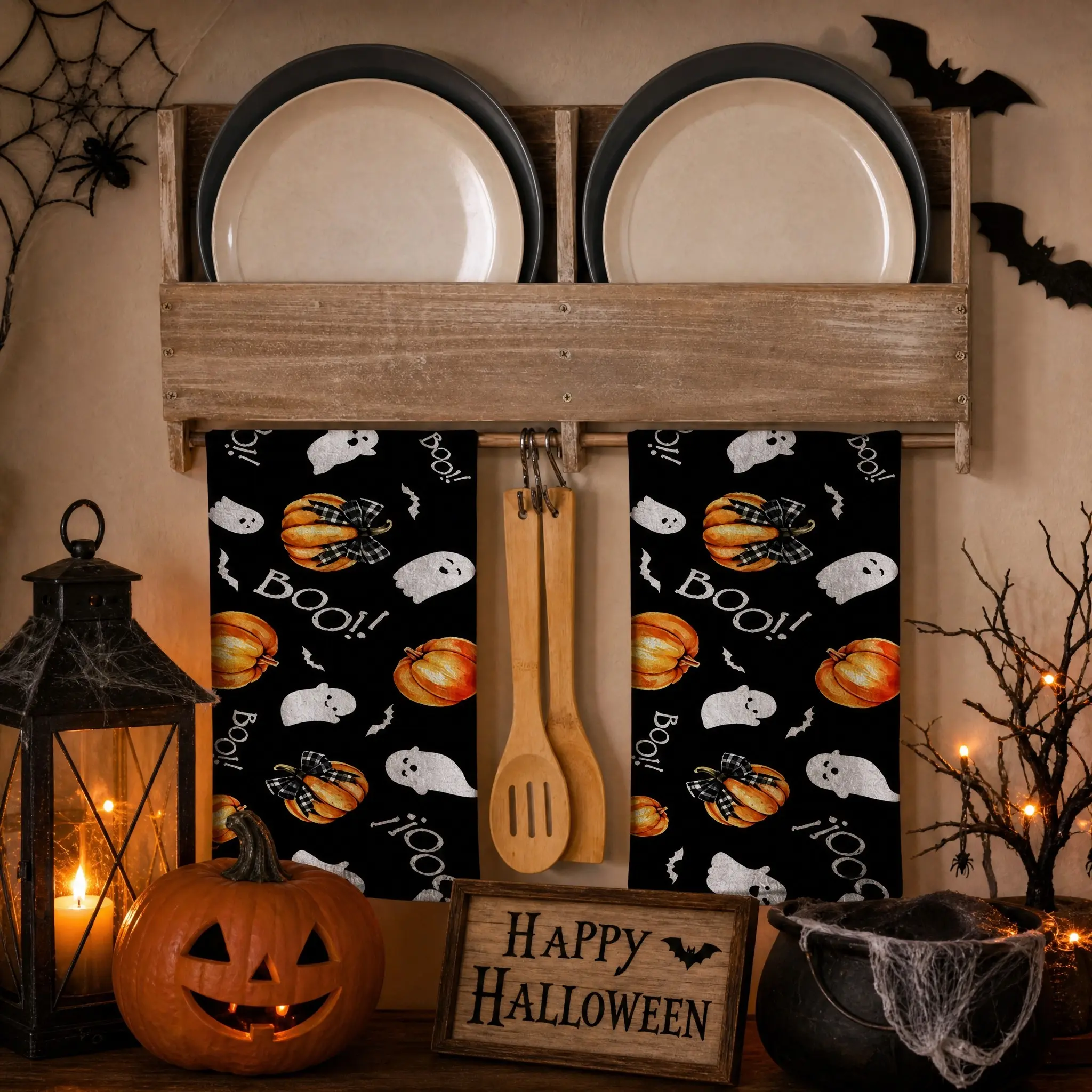 2pcs Spooky Boo Pumpkins Bar Halloween Kitchen Towels, Boo Tea Towel, Dish Towel for Halloween, Perfect for Festive Decorations
