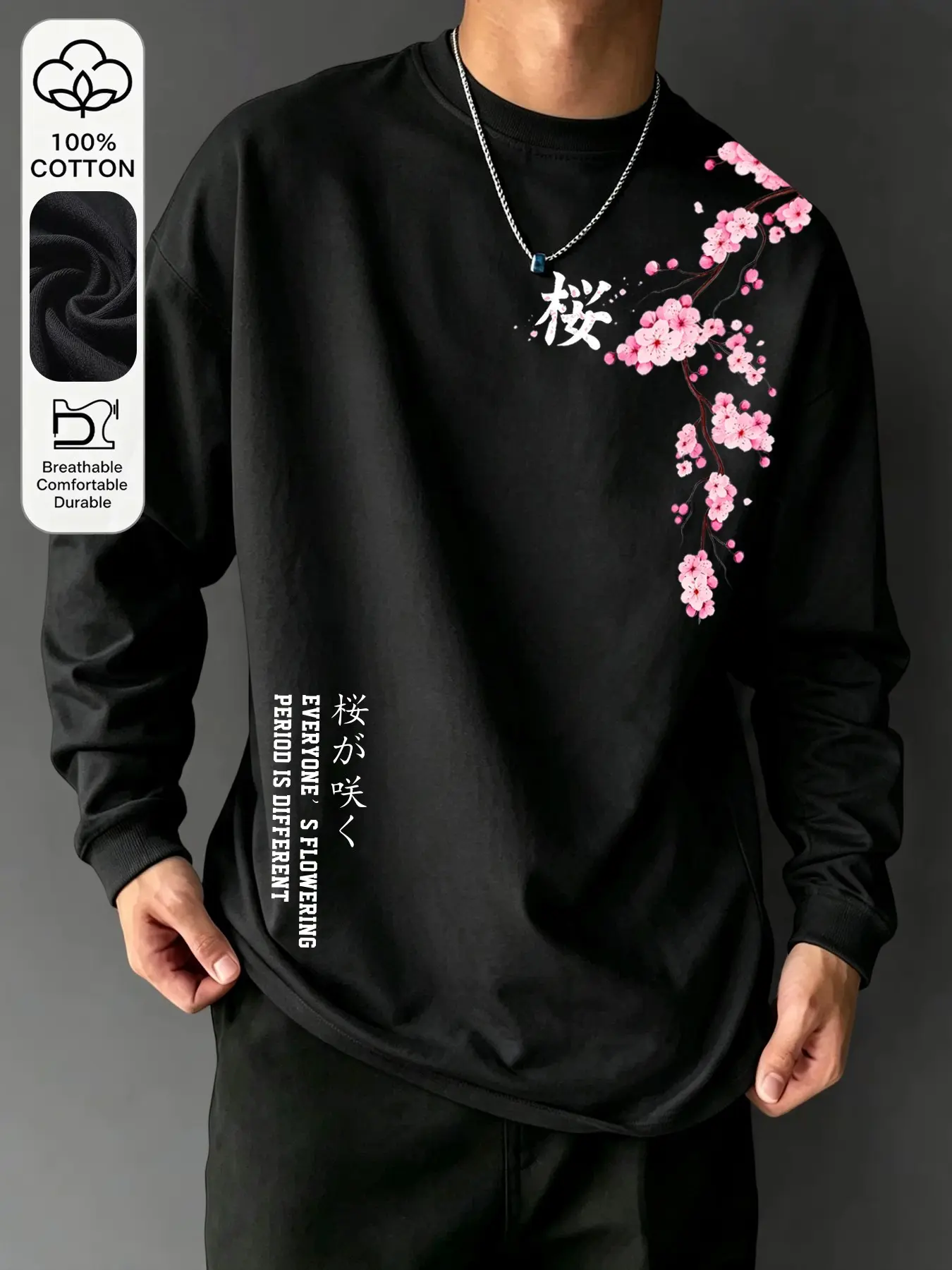 100% Cotton Men's Casual Long Sleeve T-Shirt, Breathable Comfort, Cherry Blossom & Hanzi Print, Japanese Street Style, Wear Alone or Layered