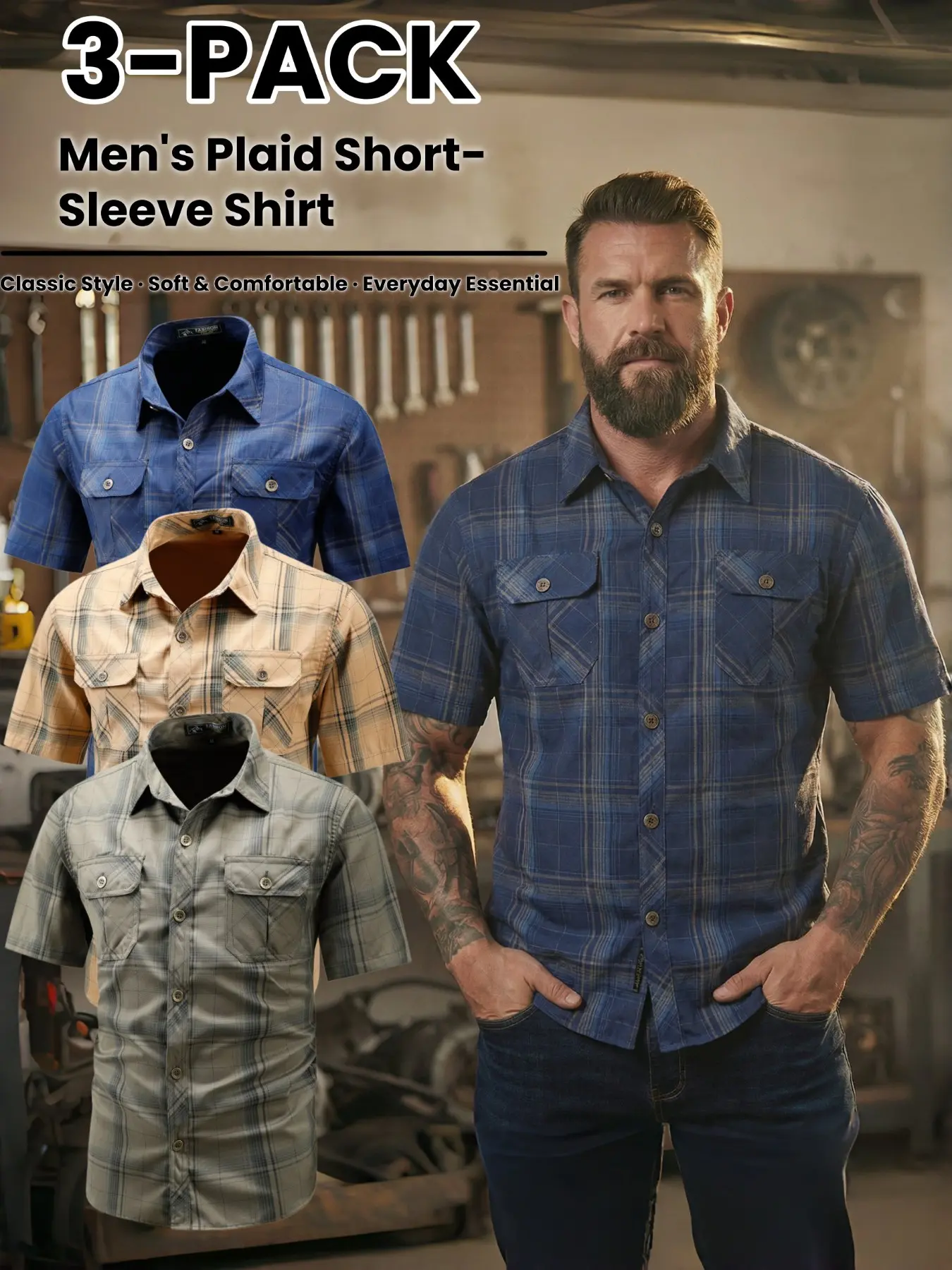 3-Piece Vintage Plaid Short Sleeve Shirts, Ultra-Soft Lightweight Casual Workwear, Dual Pocket Durable, Trendy Western Style