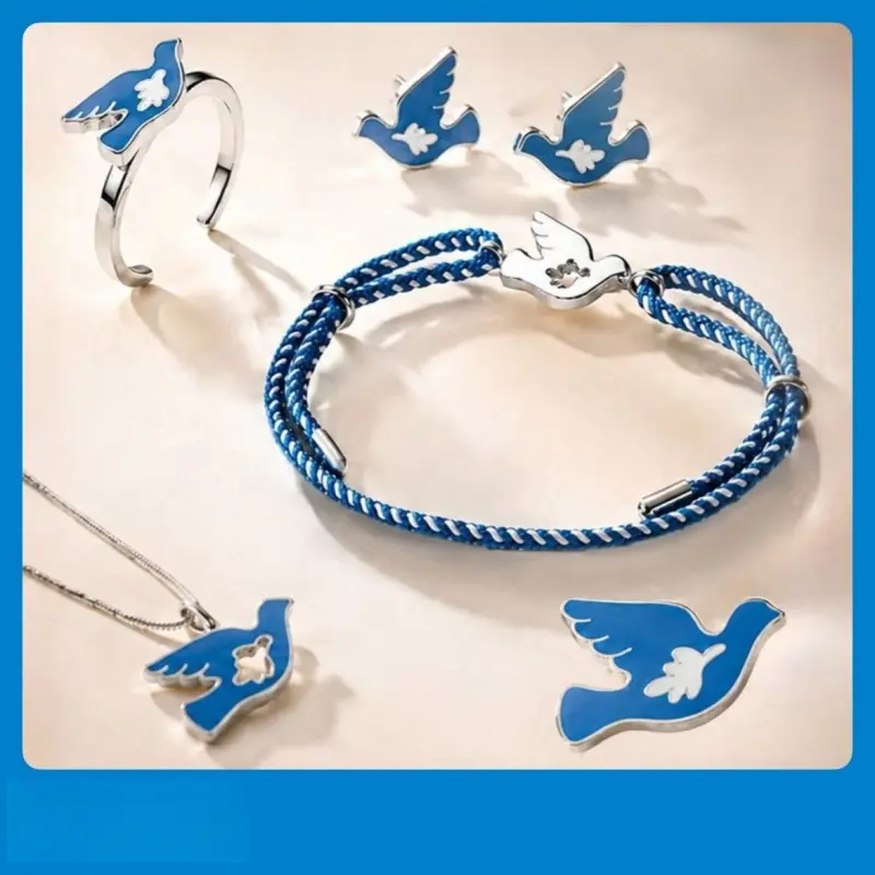 World Peace Theme Blue White Enamel Peace Dove Complete Jewelry Set For Women, 4 In 1 Necklace Earrings Ring Bracelet, Minimalist All-Match Decor Gift For Daily Dating Holiday Outfit Peace Dove Jewelry Enamel Jewelry Set World Peace Series Women Gift Set