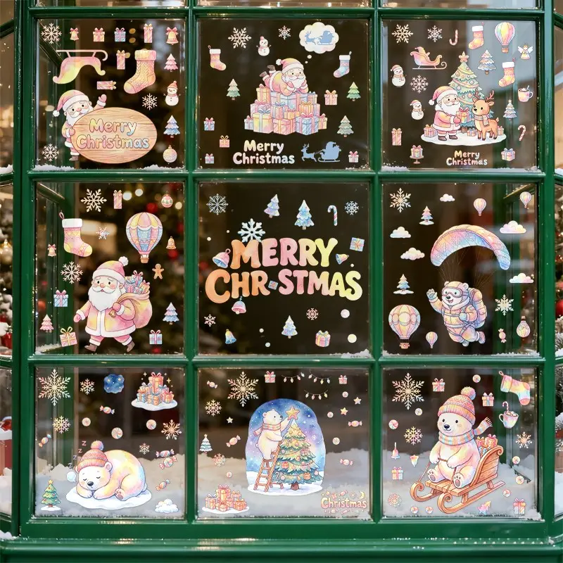 9sheets/set Macaron Colors Christmas Window Stickers, Merry Christmas Static Stickers, Santa Claus, Polar Bear, Elk, Christmas Tree Gift Elements, Winter Festival Decorations