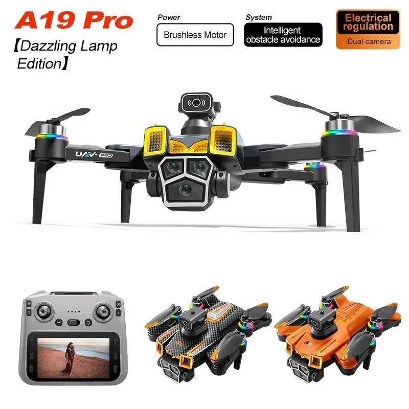 A19 Pro Dazzling Lamp Drone With Screen Remote Controller, Brushless Motor, Intelligent Obstacle Avoidance, Electric Adjustable Triple Camera, Foldable RC Quadcopter for Aerial Photography