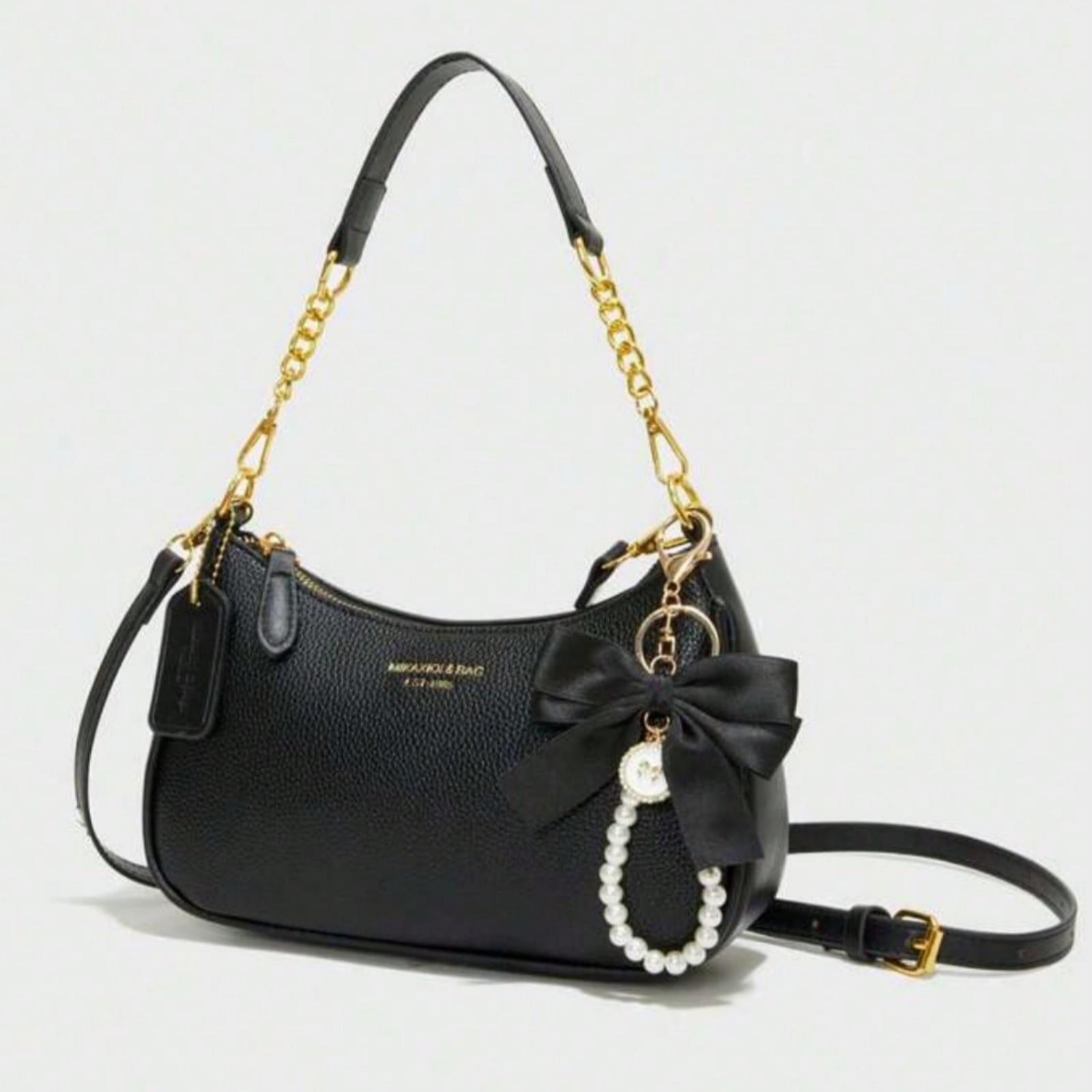 New Fashionable Women's Shoulder Bag With Black Bow Pendant and Letter Decoration, Multifunctional PU Waterproof Fabric Handbag Women's Umarm Bag Armpit Bag Suitable for Shopping, Commuting, Going Out, Parties and Other Activities