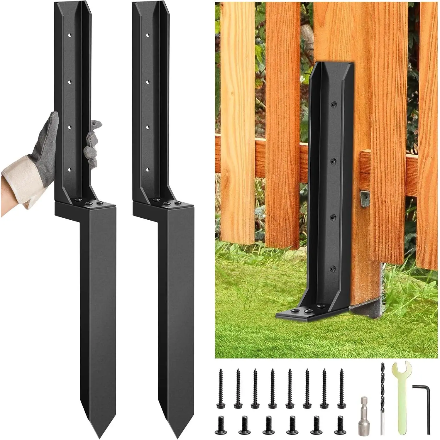 2-Set Fence Post Repair Kit - Heavy Duty Outdoor Rust-Proof Ground Stakes for Tilted/Broken Wood Support, Fence Repair Solution, Includes 6 Galvanized Screws, 1 Small Wrench & Mounting Hardware to Keep Post Straight